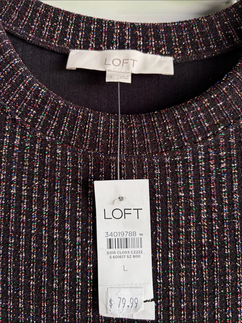 NWT LOFT BLACK MULTICOLOR LONG SLEEVE SIDE SLIT SHIMMER DRESS - Size Large - Picture 2 of 4